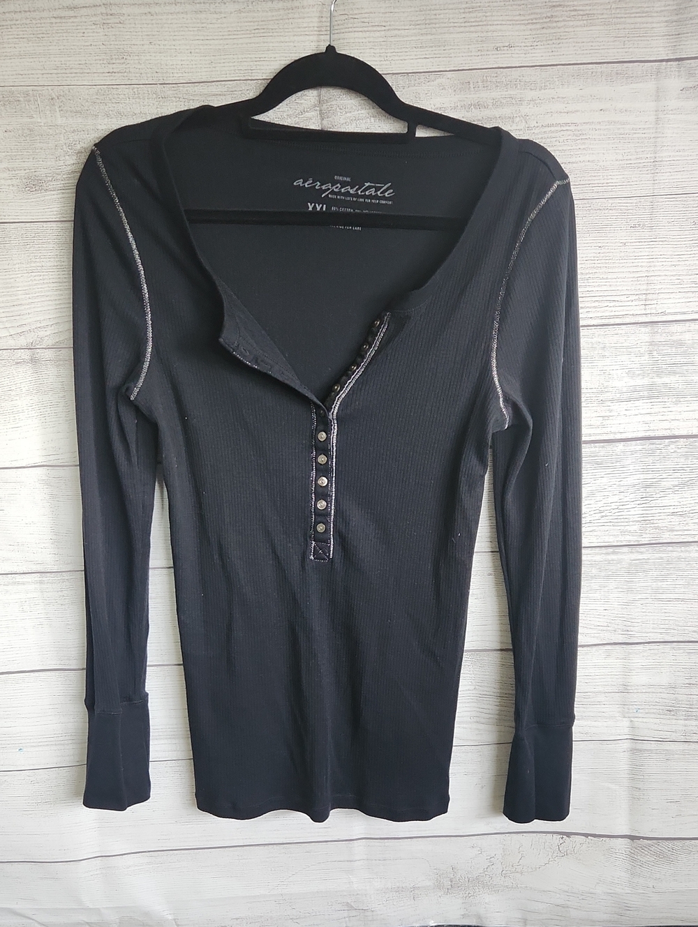 Aeropostale Black Ribbed Long-Sleeve Henley with Contrast Stitching